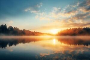 AI generated Sunrise sky background over a calm lake with mist rising. Generative AI photo