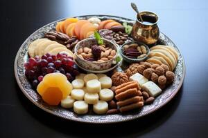 AI generated A traditional Eid Al-Fitr dessert platter. Generative AI photo