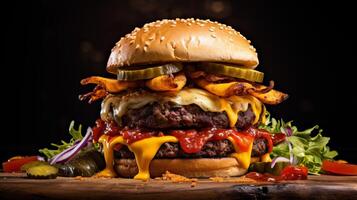AI generated A close-up shot of a delicious and juicy burger. Generative AI photo