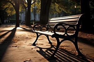 AI generated Sunlight casting long shadows on a park bench. Generative AI photo