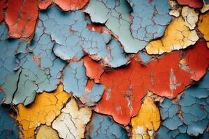 AI generated A macro shot of peeling paint revealing layers of color and texture. Generative AI photo