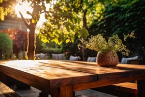 ai generado un de madera mesa en un iluminado por el sol al aire libre patio. generativo ai foto