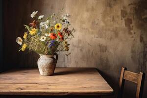 ai generado un de madera mesa con un florero de flores silvestres generativo ai foto