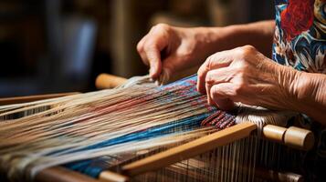AI generated Hands weaving a tapestry on a frame loom. Generative AI photo
