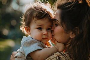 ai generado oferta cariñoso momento madre hijo. generar ai foto