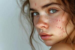 AI generated Inflamed Allergy young woman face pimples. Generate Ai photo