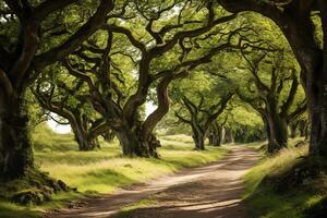 ai generado un tranquilo campo camino forrado con antiguo roble arboles generativo ai foto