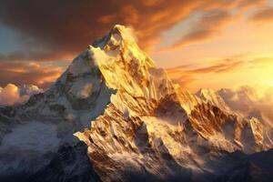 AI generated Aerial view of a snow covered mountain peak bathed in golden sunlight. Generative AI photo