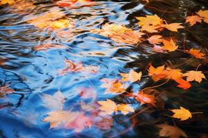 AI generated Reflective water surface capturing the colors of fall foliage. Generative AI photo