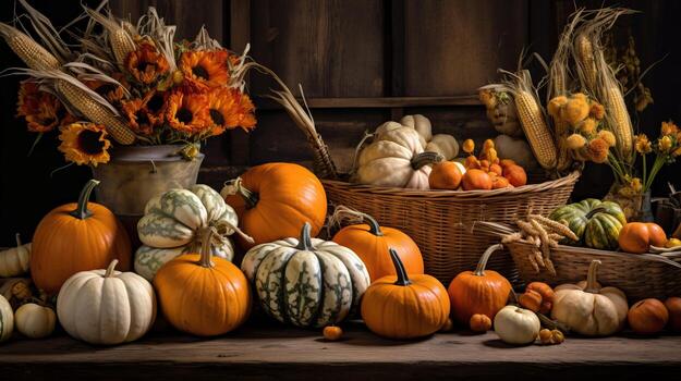 AI generated Harvest still life featuring pumpkins of various shapes and sizes. Generative AI photo