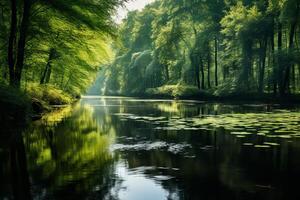 AI generated Reflection of a tranquil forest in a calm river. Generative AI photo