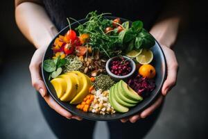 ai generado un cerca arriba de manos montaje un personalizado comida plan con nutritivo Rico alimentos generativo ai foto