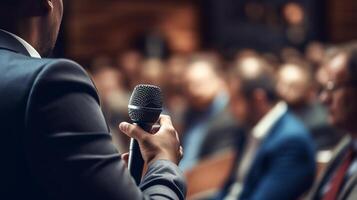 AI generated Close-up of a person moderating a panel discussion or industry forum. Generative AI photo