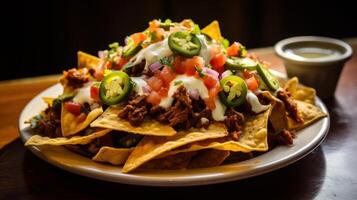 AI generated Close-up of a greasy and indulgent plate of loaded nachos. Generative AI photo
