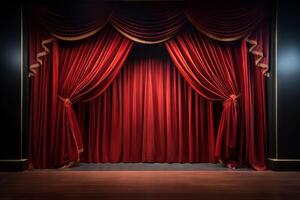 AI generated Theater curtains opening to unveil a performance. Generative AI photo