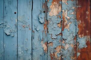AI generated A close-up of a weathered wooden door with peeling paint. Generative AI photo
