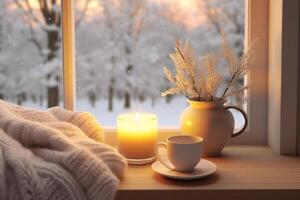 AI generated Cozy winter scene mockup with a blanket, a cup of cocoa, and frosty window lighting. Generative AI photo