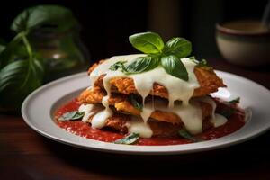 AI generated Images highlighting the texture and depth of flavors in chicken parmigiana. Generative AI photo