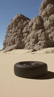 A tire sitting in the middle of a desert video