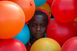 ai generado alegre africano chico rodear globos generar ai foto