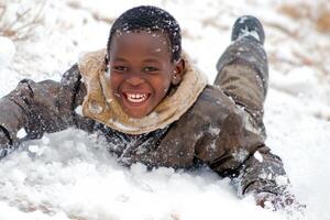 AI generated Exhilarated African boy sliding on snow in warm clothes. Generate ai photo