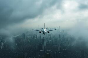 AI generated Innovative Airplane city cloudy fly. Generate Ai photo