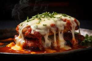 AI generated Close ups of melted cheese oozing down the sides of chicken parmigiana. Generative AI photo