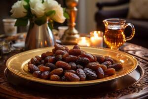 AI generated A plate of dates and Arabic coffee for guests. Generative AI photo