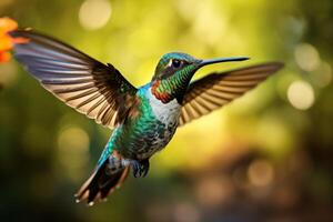 AI generated A detailed shot of a hummingbird in mid-flight, frozen in time. Generative AI photo