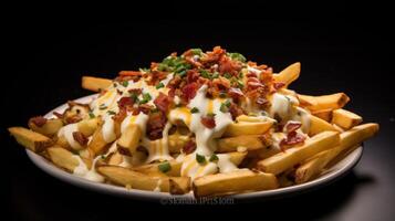 AI generated Indulgent and greasy plate of loaded cheese fries. Generative AI photo