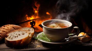 AI generated A bowl of steaming hot soup served with crusty bread. Generative AI photo