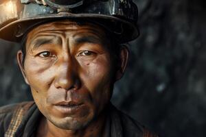 AI generated Grimy Asian miner worker dirty face. Generate Ai photo