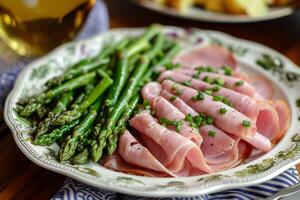 AI generated Delicious Asparagus ham plate. Generate Ai photo