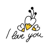 Cute floral hearts in doodle style. Simple inscription I love you. Spring lettering. vector