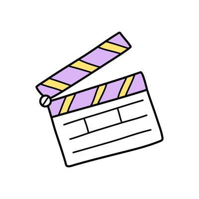Movie clapperboard doodle icon. Film clapper for cinema production. Board clap for video clip scene start. Lights, camera, action. Hand drawn sketch in vector.