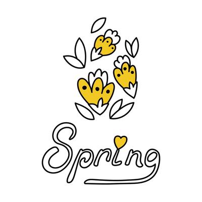 Flowers and Lettering Spring. Cute spring icon in doodle style