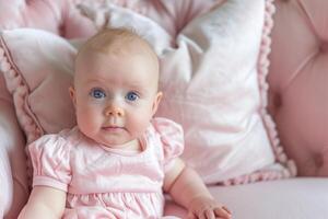 ai generado adorable bebé vestido rosado sofá. generar ai foto