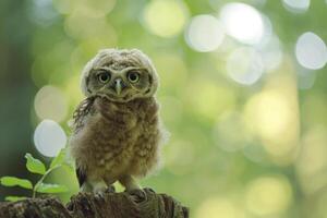 ai generado adorable linda bebé búho en bosque. generar ai foto