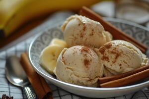 ai generado bananas canela hielo crema en fritura cacerola. generar ai foto