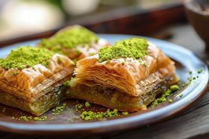 ai generado dulce baklava árabe postre de cerca. generar ai foto