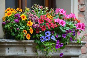 ai generado vistoso balcón cajas flores generar ai foto