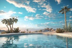 AI generated Desert oasis sky background with a pristine blue pool. Generative AI photo