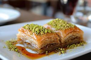 ai generado dulce baklava árabe postre pistacho. generar ai foto