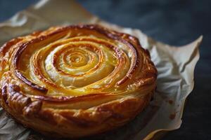 AI generated Golden Baked spiral pastry. Generate Ai photo