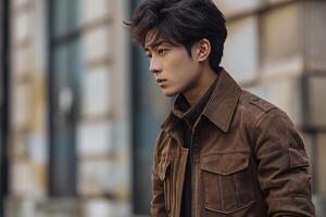 AI generated Asian man brown jacket street photo. Generate Ai photo