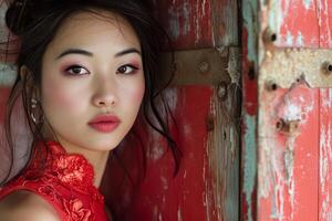 AI generated Asian woman red dress. Generate Ai photo