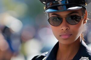 ai generado africano americano policía mujer en Gafas de sol. generar ai foto