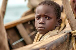 ai generado africano niño Embarcacion trabajar. generar ai foto