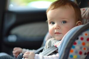 ai generado bebé sentado en la seguridad coche asiento. generar ai foto
