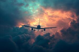 AI generated Airplane flies clouds travel. Generate Ai photo